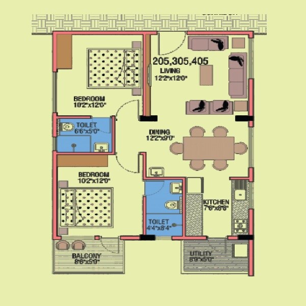 Floor plan of 2 BHK 1015 Sq. Ft. Apartment in Shree Krishna E Golden Heights, Bangalore