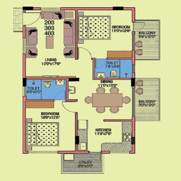 Floor plan of 2 BHK 1190 Sq. Ft. Apartment in Shree Krishna E Golden Heights, Bangalore
