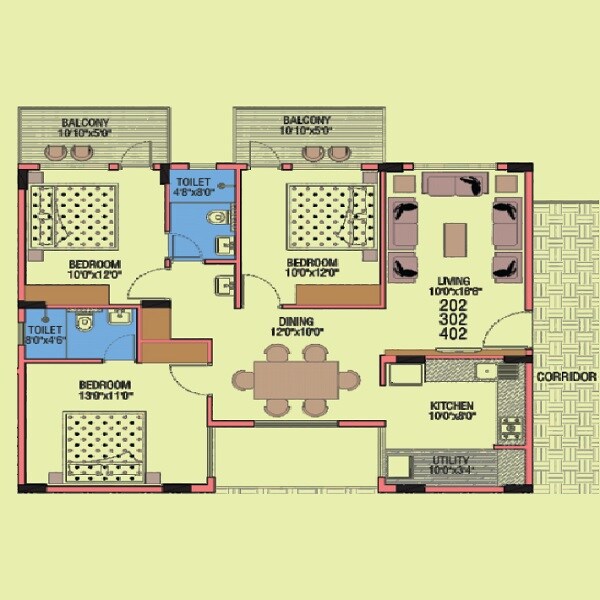 Floor plan of 3 BHK 1390 Sq. Ft. Apartment in Shree Krishna E Golden Heights, Bangalore