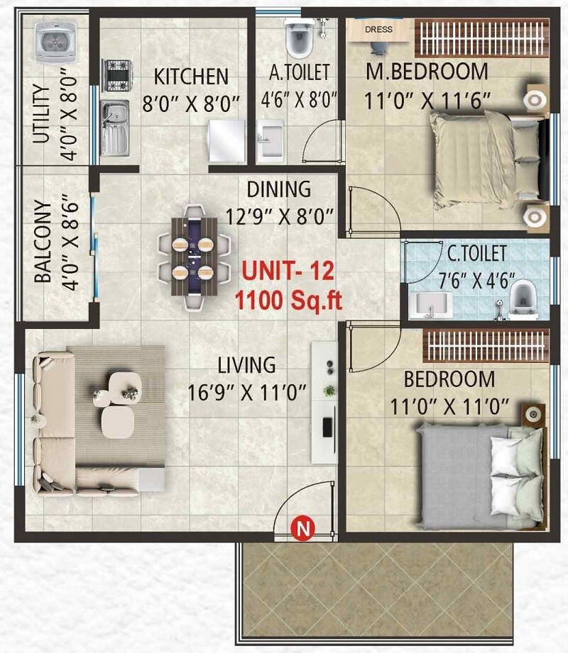 Floor plan of 2 BHK 1100 Sq. Ft. Apartment in Shree Nandana Elite, Bangalore