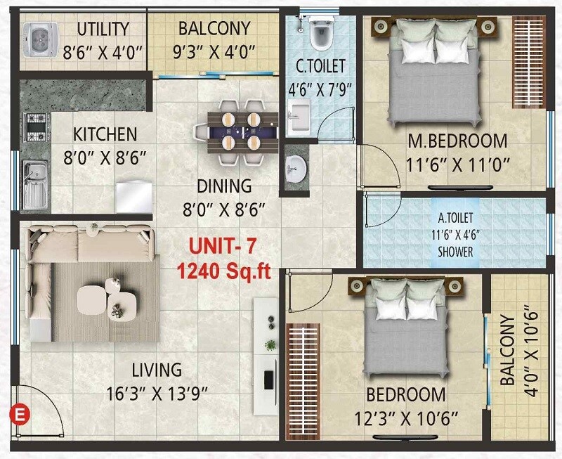 Floor plan of 2 BHK 1240 Sq. Ft. Apartment in Shree Nandana Elite, Bangalore