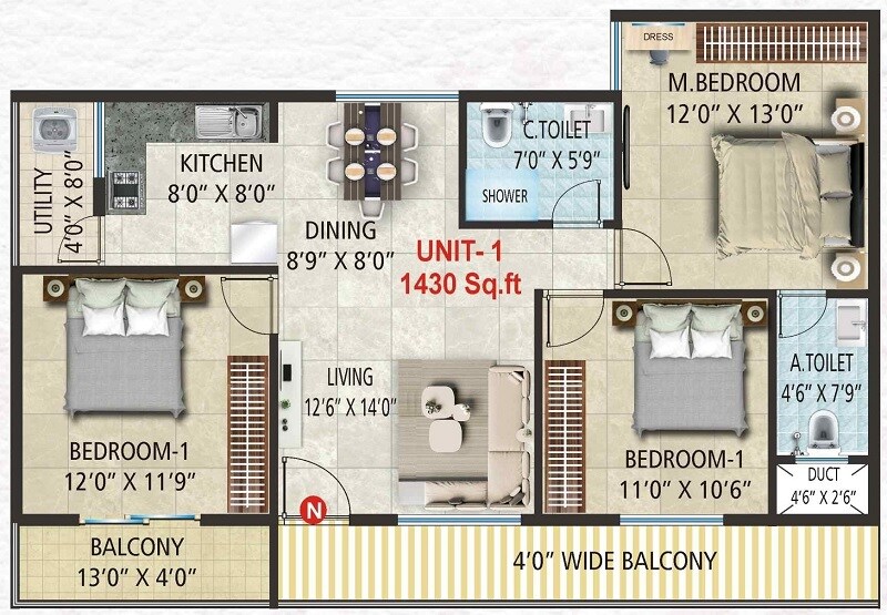 Floor plan of 3 BHK 1430 Sq. Ft. Apartment in Shree Nandana Elite, Bangalore