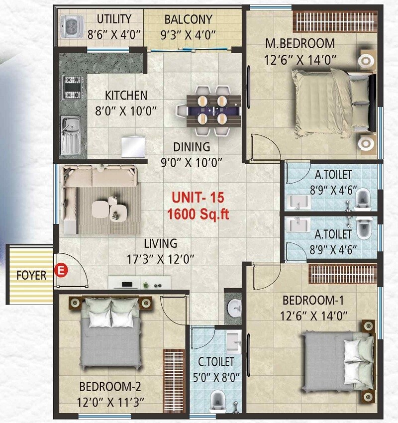 Floor plan of 3 BHK 1600 Sq. Ft. Apartment in Shree Nandana Elite, Bangalore