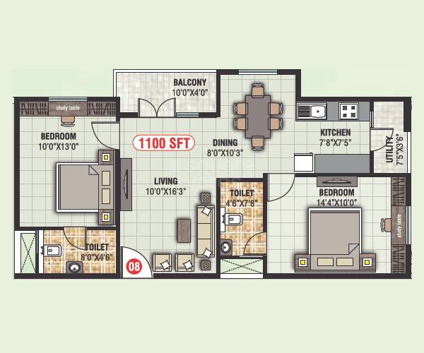 Floor plan of 2 BHK 1100 Sq. Ft. Apartment in Shreevari Grandeur, Bangalore