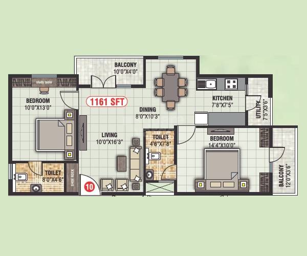 Floor plan of 2 BHK 1161 Sq. Ft. Apartment in Shreevari Grandeur, Bangalore