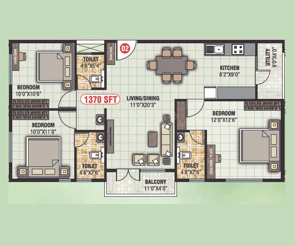 Floor plan of 3 BHK 1370 Sq. Ft. Apartment in Shreevari Grandeur, Bangalore