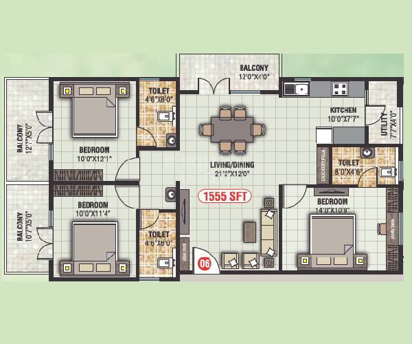 Floor plan of 3 BHK 1555 Sq. Ft. Apartment in Shreevari Grandeur, Bangalore