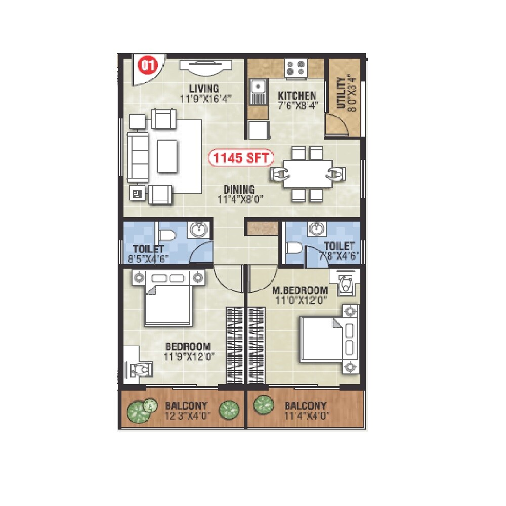 Floor plan of 2 BHK 1145 Sq. Ft. Apartment in Shreevari Sannidhi, Bangalore