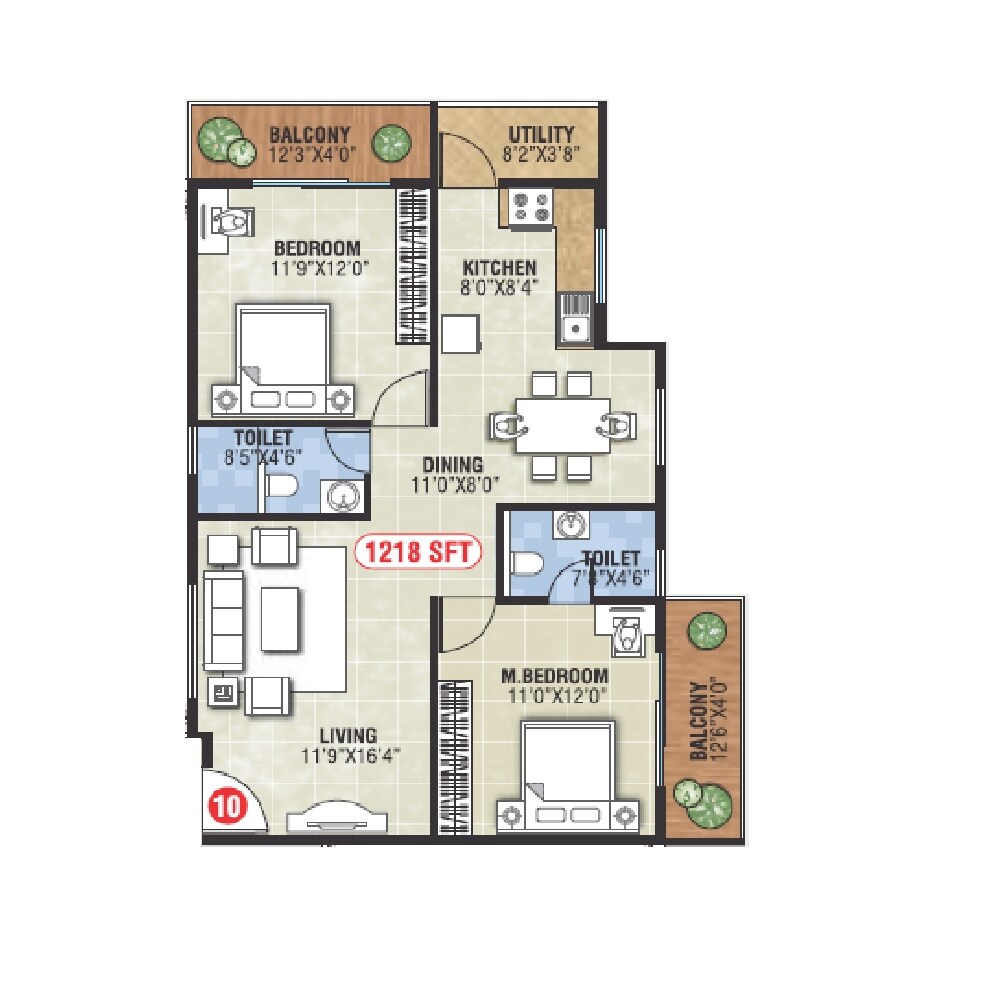 Floor plan of 2 BHK 1218 Sq. Ft. Apartment in Shreevari Sannidhi, Bangalore
