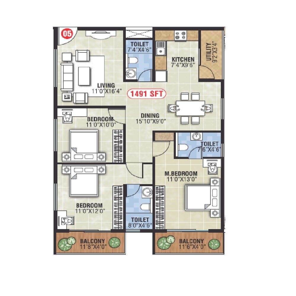 Floor plan of 3 BHK 1491 Sq. Ft. Apartment in Shreevari Sannidhi, Bangalore