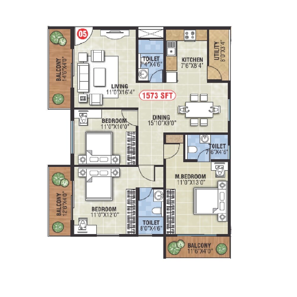 Floor plan of 3 BHK 1573 Sq. Ft. Apartment in Shreevari Sannidhi, Bangalore