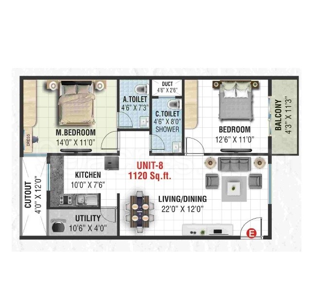 2 BHK 1200 Sq. Ft. Apartment