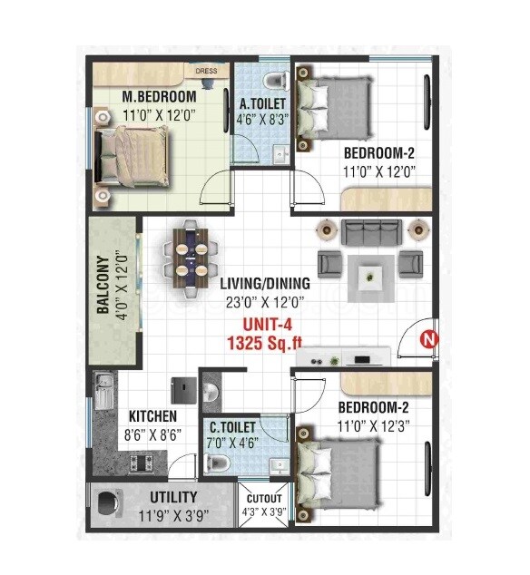 3 BHK 1325 Sq. Ft. Apartment