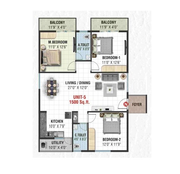3 BHK 1500 Sq. Ft. Apartment