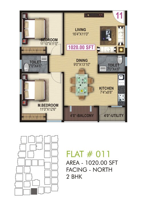 Floor plan of 2 BHK 1020 Sq. Ft. Apartment in Shri Balaji Ocean, Bangalore