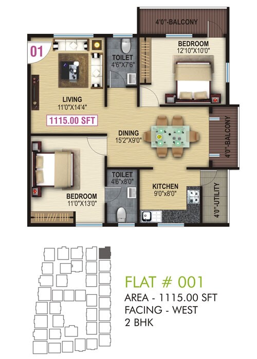 Floor plan of 2 BHK 1115 Sq. Ft. Apartment in Shri Balaji Ocean, Bangalore