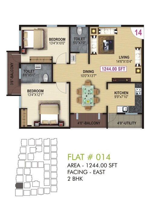 Floor plan of 2 BHK 1244 Sq. Ft. Apartment in Shri Balaji Ocean, Bangalore