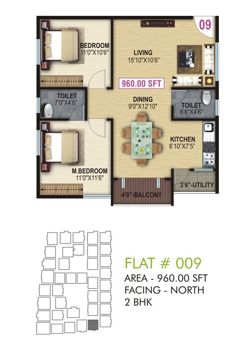 Floor plan of 2 BHK 960 Sq. Ft. Apartment in Shri Balaji Ocean, Bangalore