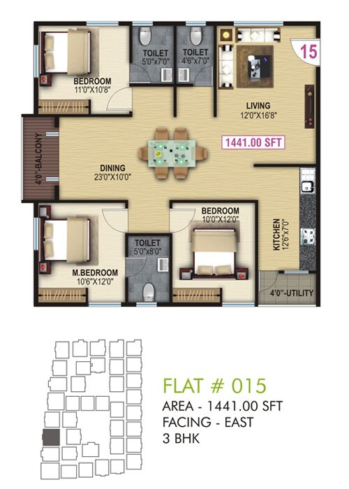 Floor plan of 3 BHK 1441 Sq. Ft. Apartment in Shri Balaji Ocean, Bangalore