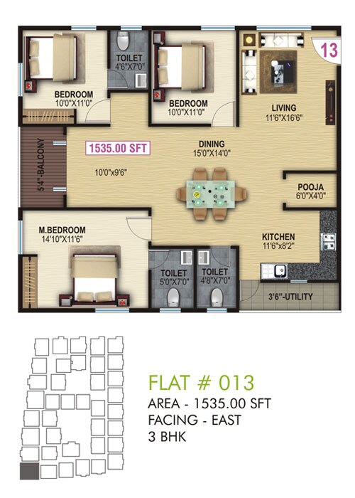 Floor plan of 3 BHK 1535 Sq. Ft. Apartment in Shri Balaji Ocean, Bangalore