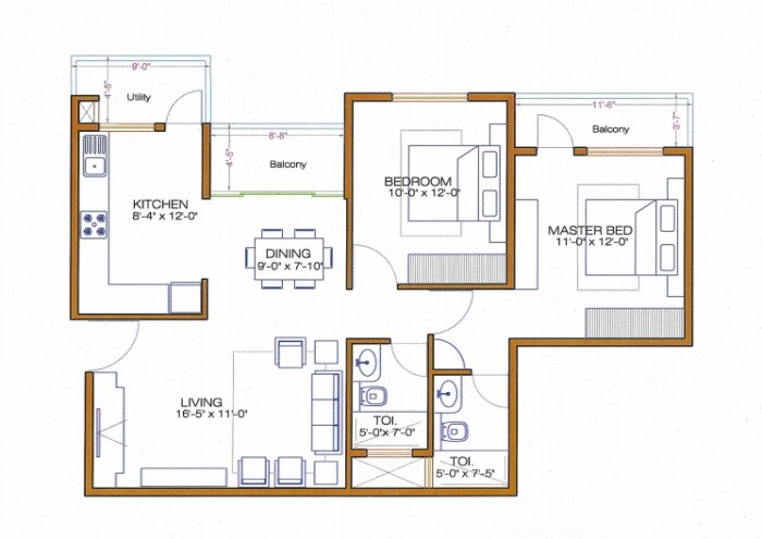 Floor plan of 2 BHK 1051 Sq. Ft. Apartment in Shri Diya Ornate, Bangalore