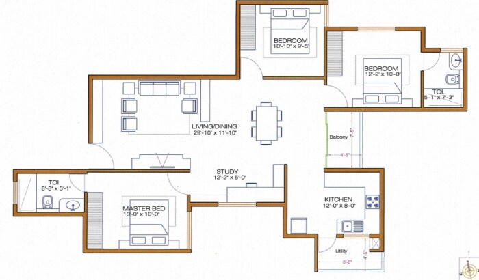Floor plan of 3 BHK 1280 Sq. Ft. Apartment in Shri Diya Ornate, Bangalore