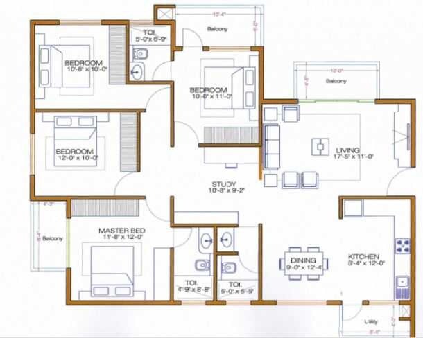 Floor plan of 4 BHK 1511 Sq. Ft. Apartment in Shri Diya Ornate, Bangalore