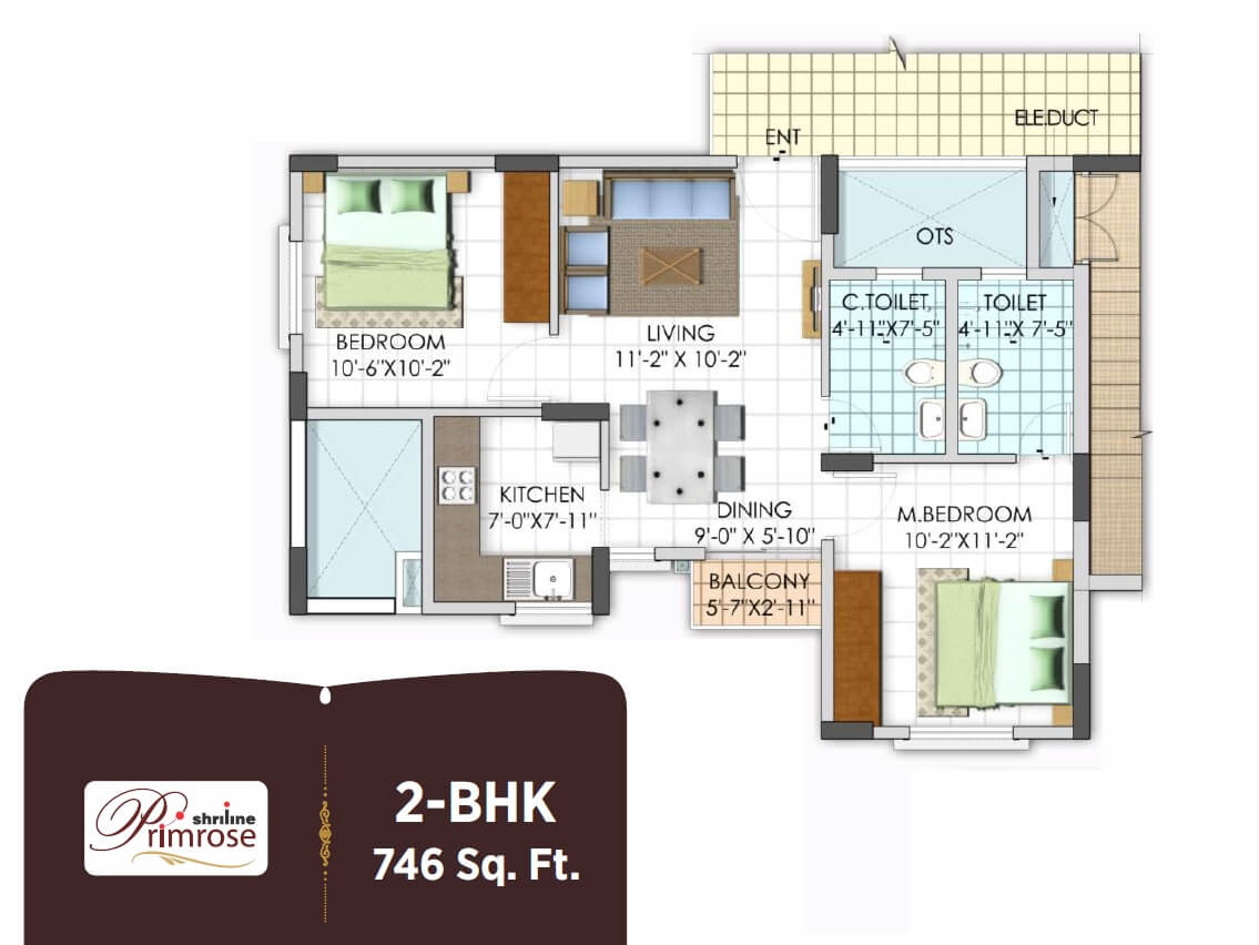 Floor plan of 2 BHK 746 Sq. Ft. Apartment in Shriline Avanti, Bangalore