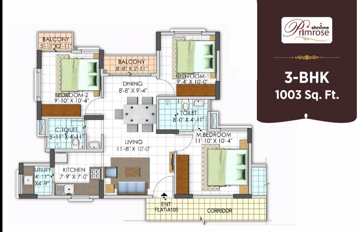 Floor plan of 3 BHK 1003 Sq. Ft. Apartment in Shriline Avanti, Bangalore