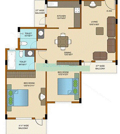 Floor plan of 2 BHK 1100 Sq. Ft. Apartment in Shriram Adithya, Bangalore