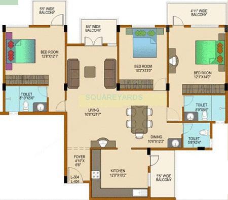 Floor plan of 3 BHK 1460 Sq. Ft. Apartment in Shriram Adithya, Bangalore