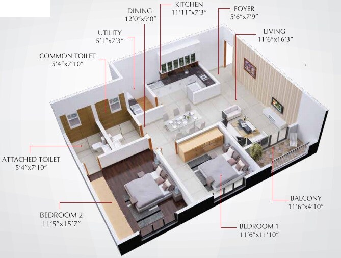 Floor plan of 2 BHK 1470 Sq. Ft. Apartment in Shriram Chirping Woods, Bangalore