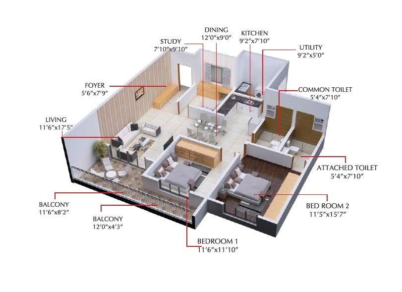 Floor plan of 2 BHK 1050 Sq. Ft. Apartment in Shriram Chirping Woods, Bangalore