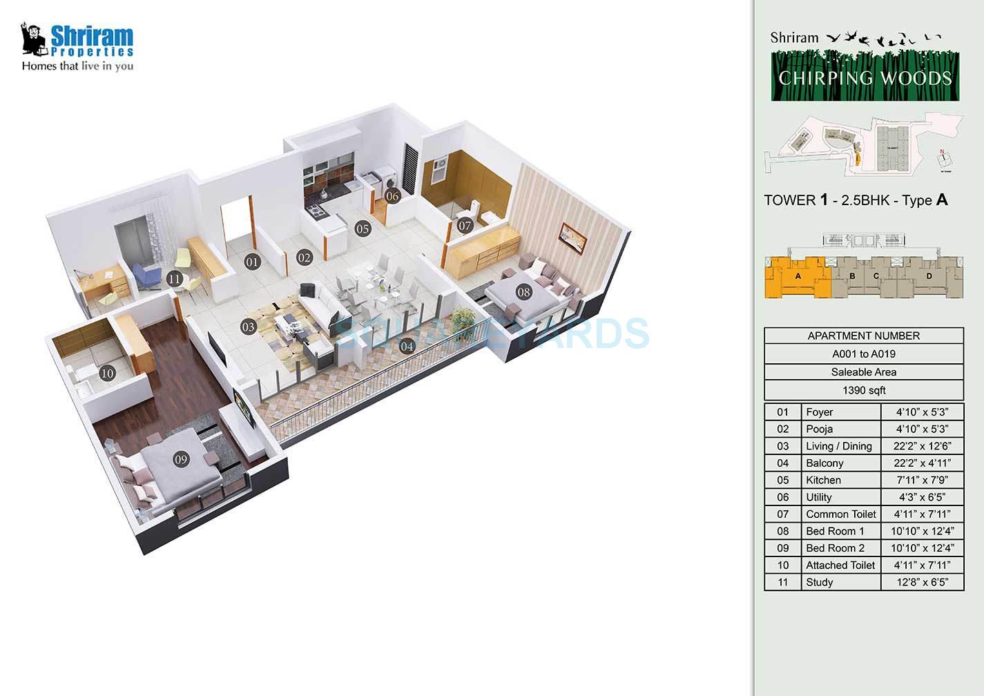 Floor plan of 2 BHK 1390 Sq. Ft. Apartment in Shriram Chirping Woods, Bangalore