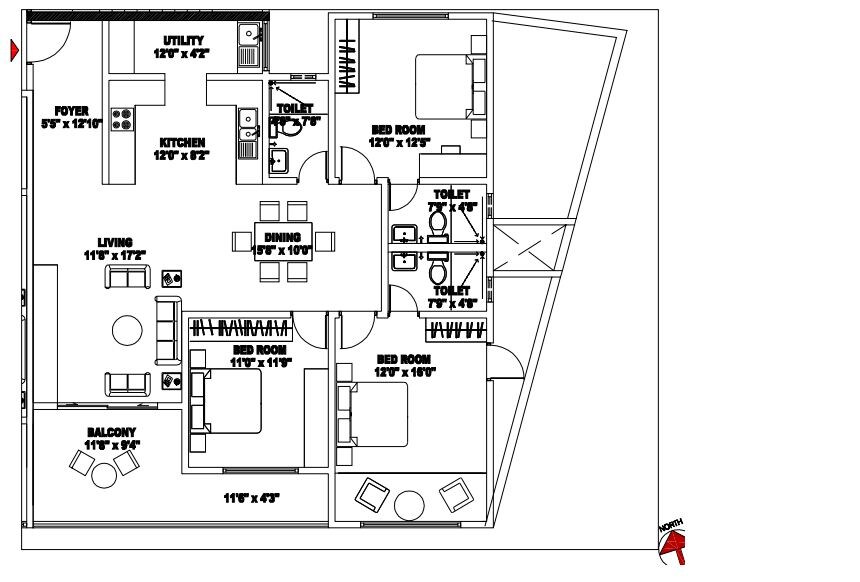 Floor plan of 3 BHK 1875 Sq. Ft. Apartment in Shriram Chirping Woods, Bangalore