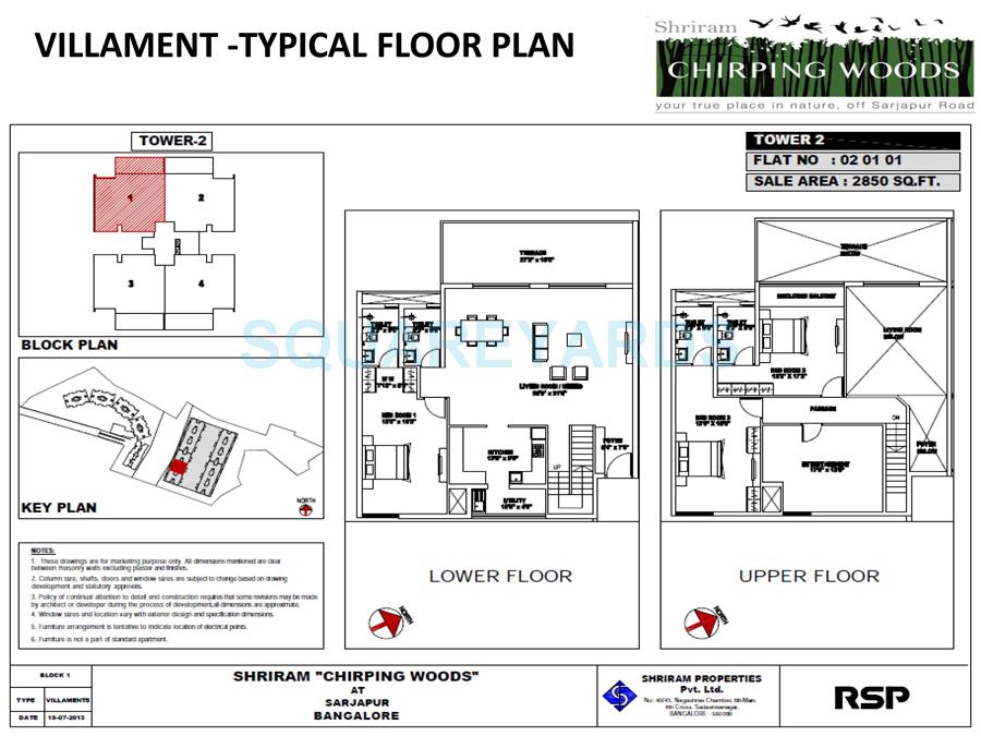 Floor plan of 3 BHK 2850 Sq. Ft. Apartment in Shriram Chirping Woods, Bangalore