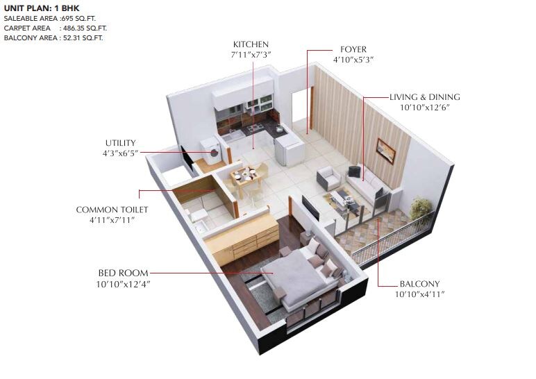 Floor plan of 1 BHK 695 Sq. Ft. Apartment in Shriram Chirping Woods Apartment, Bangalore