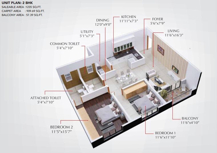 Floor plan of 2 BHK 1235 Sq. Ft. Apartment in Shriram Chirping Woods Apartment, Bangalore