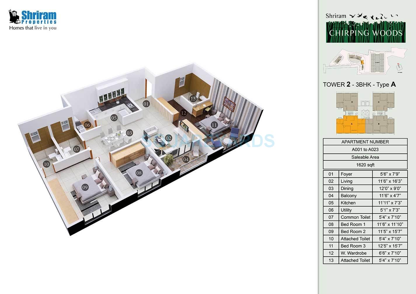 Floor plan of 3 BHK 1630 Sq. Ft. Apartment in Shriram Chirping Woods Apartment, Bangalore