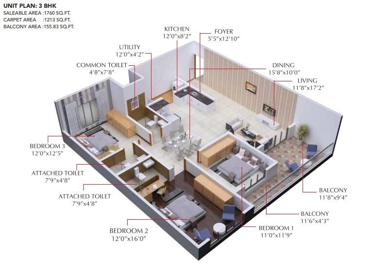 Floor plan of 3 BHK 1760 Sq. Ft. Apartment in Shriram Chirping Woods Apartment, Bangalore