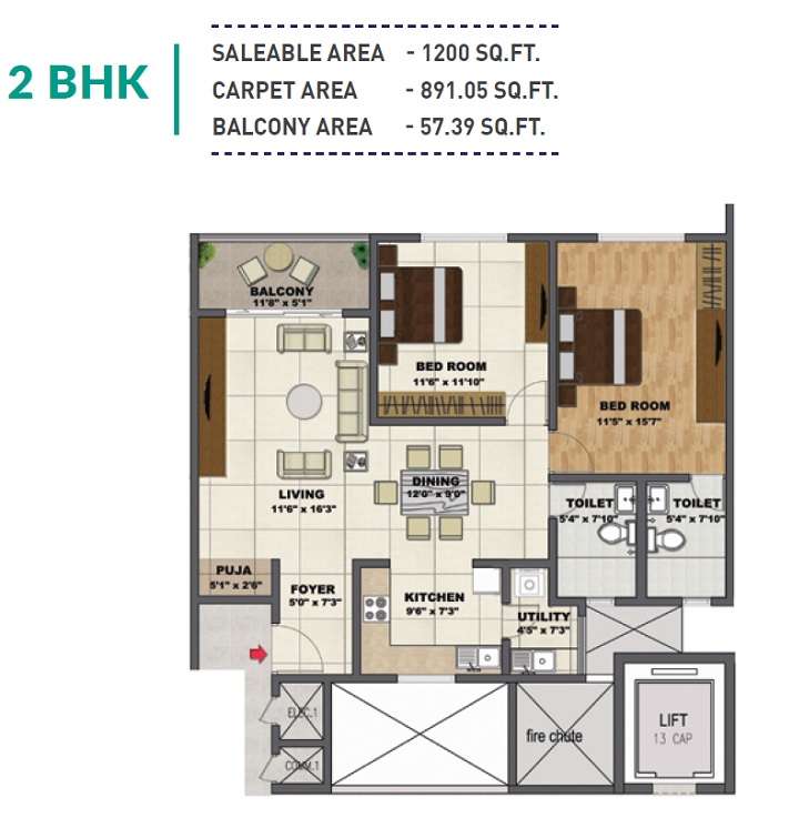 2 BHK 1200 Sq. Ft. Apartment in Shriram Chirping Woods Tower 5