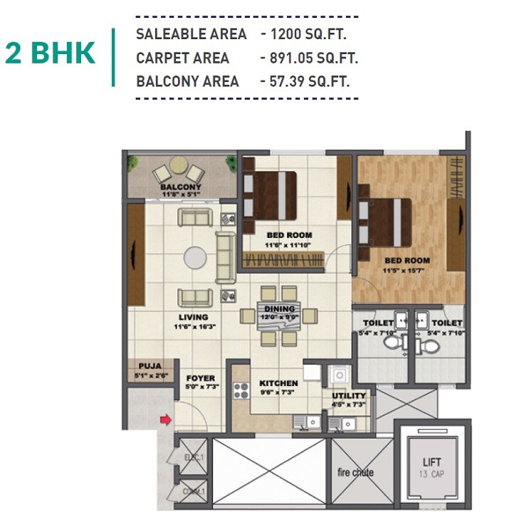 Floor plan of 2 BHK 1200 Sq. Ft. Apartment in Shriram Chirping Woods Tower 5, Bangalore