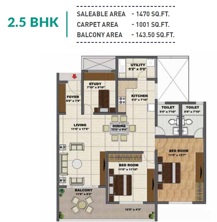 Floor plan of 2 BHK 1470 Sq. Ft. Apartment in Shriram Chirping Woods Tower 5, Bangalore