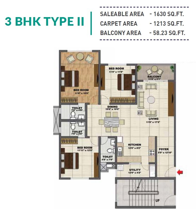 Floor plan of 3 BHK 1630 Sq. Ft. Apartment in Shriram Chirping Woods Tower 5, Bangalore