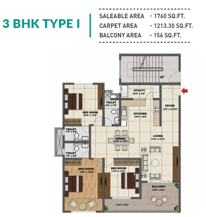 Floor plan of 3 BHK 1760 Sq. Ft. Apartment in Shriram Chirping Woods Tower 5, Bangalore