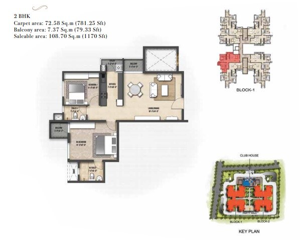 Floor plan of 2 BHK 1170 Sq. Ft. Apartment in Shriram Codename Treasure Island, Bangalore