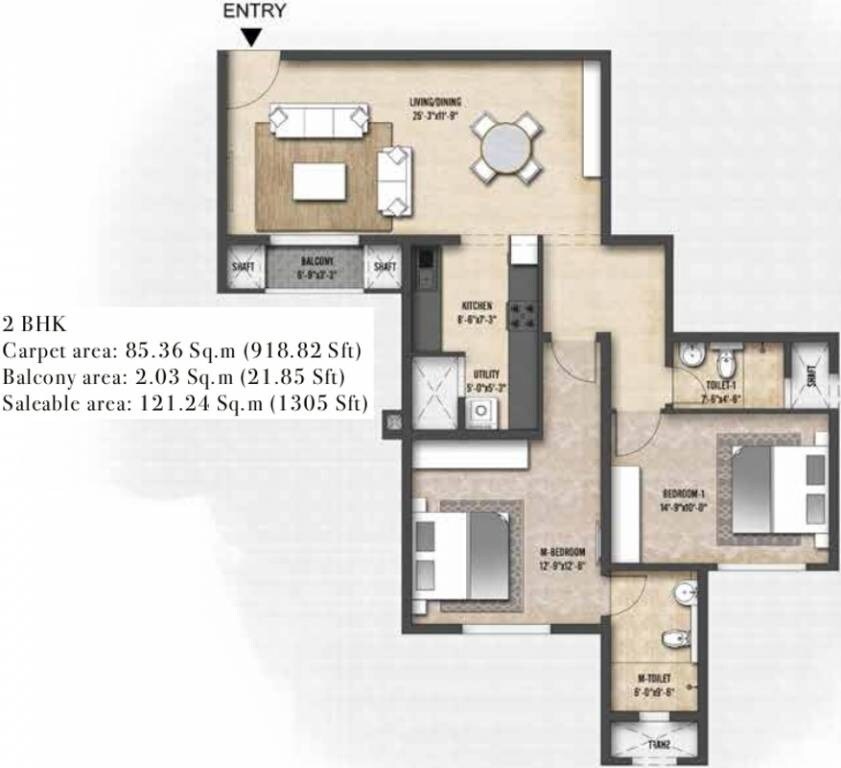 Floor plan of 2 BHK 1305 Sq. Ft. Apartment in Shriram Codename Treasure Island, Bangalore