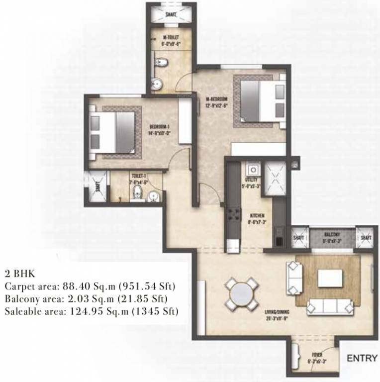 Floor plan of 2 BHK 1345 Sq. Ft. Apartment in Shriram Codename Treasure Island, Bangalore