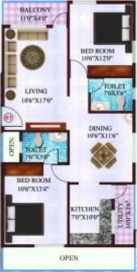 Floor plan of 2 BHK 1123 Sq. Ft. Apartment in Shriram Gardenia, Bangalore