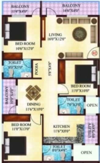 Floor plan of 3 BHK 1500 Sq. Ft. Apartment in Shriram Gardenia, Bangalore